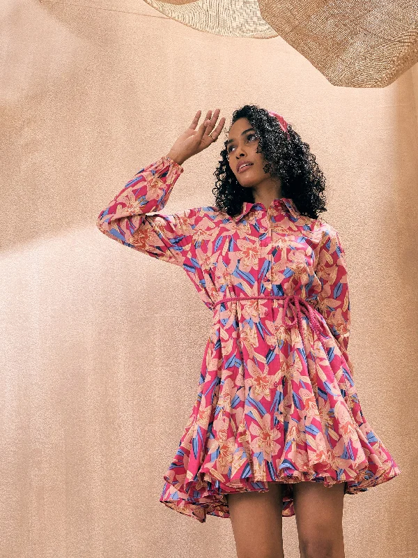 Daily Deals Women Fuchsia Floral Flared Dori Belt Shirt Dress