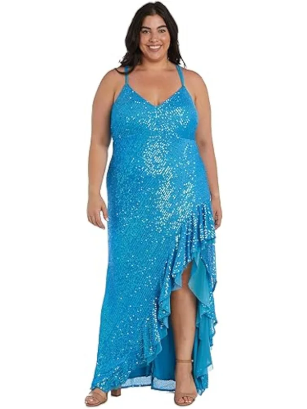 Price Smash MORGAN & CO Womens Turquoise Zippered Ruffled High-slit Crisscross Open Back Spaghetti Strap V Neck Full-Length Formal Gown Dress