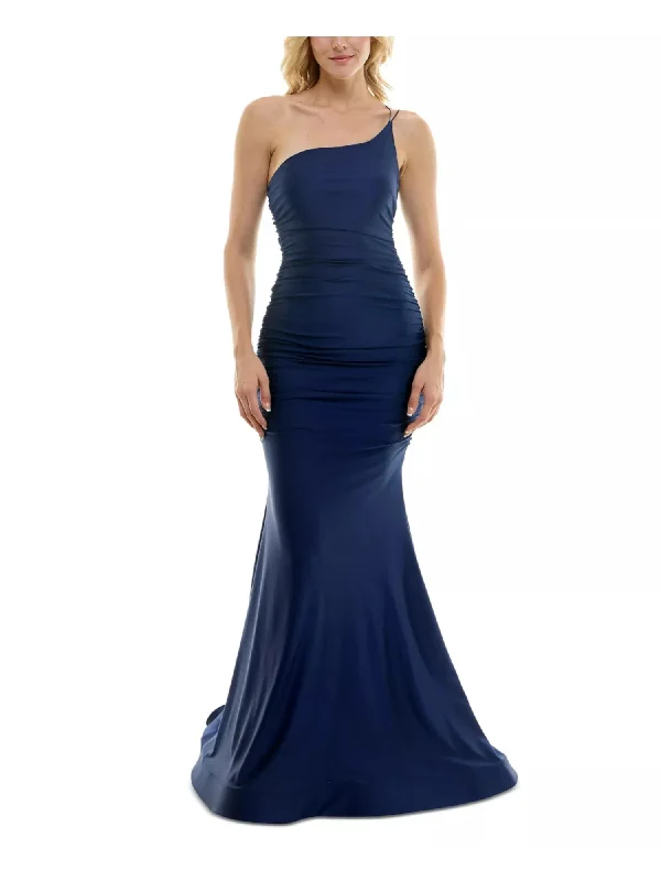 New Deals B DARLIN Womens Navy Zippered Ruched Padded Lined Fitted Spaghetti Strap Asymmetrical Neckline Full-Length Prom Gown Dress New Deals B DARLIN Womens Navy Zippered Ruched Padded Lined Fitted Spaghetti Strap Asymmetrical Neckline Full-Length Prom Gown Dress