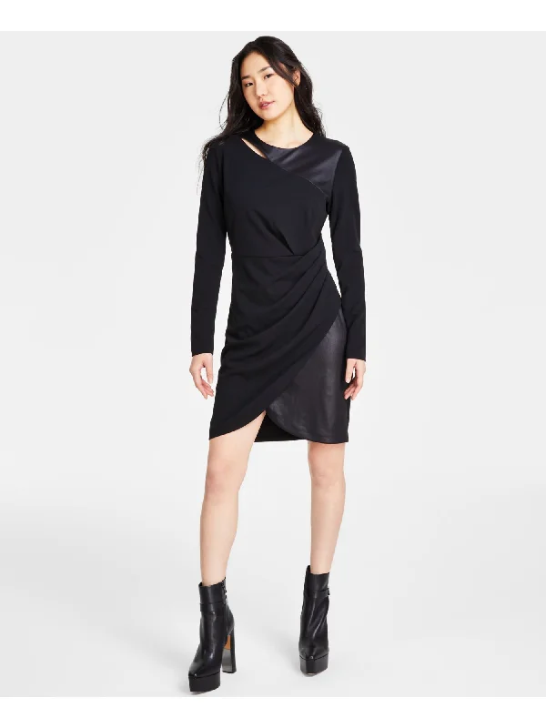 Blowout Sale DKNY Womens Black Zippered Cut Out Glazed Jersey Pleated Long Sleeve Crew Neck Short Cocktail Sheath Dress