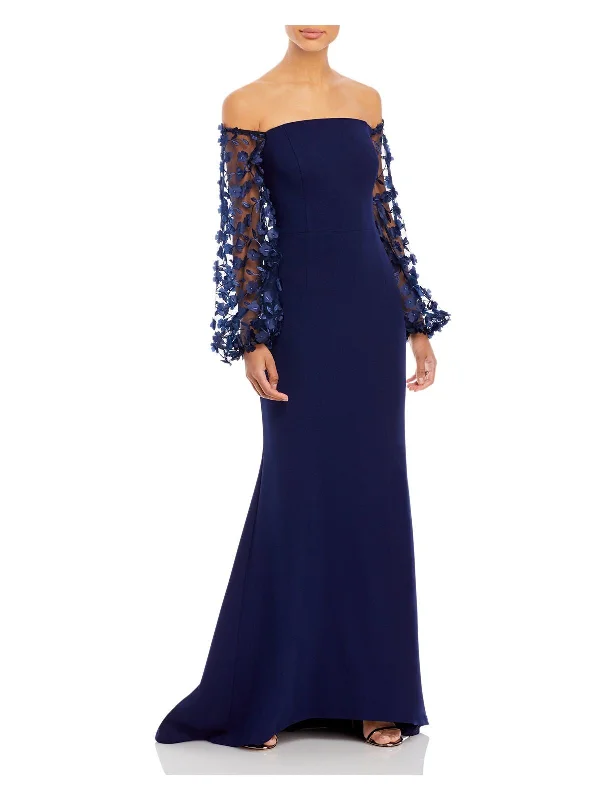 Lowest Prices ELIZA J Womens Navy Embroidered Zippered Mesh-sleeve Gown Balloon Sleeve Off Shoulder Full-Length Formal Dress Lowest Prices ELIZA J Womens Navy Embroidered Zippered Mesh-sleeve Gown Balloon Sleeve Off Shoulder Full-Length Formal Dress