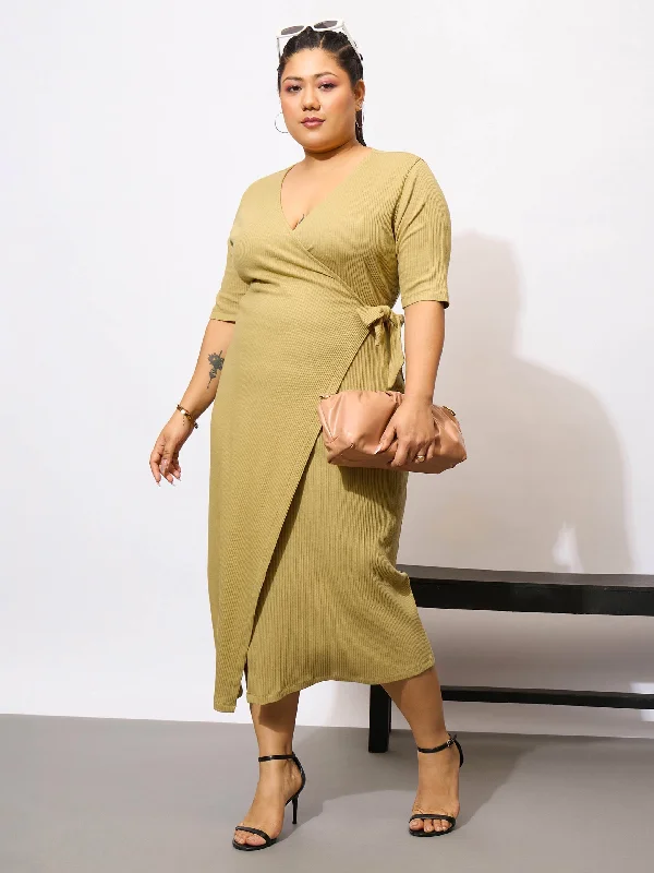 Best Bargains Women Khaki Rib Wrap Bodycon Midi Dress
