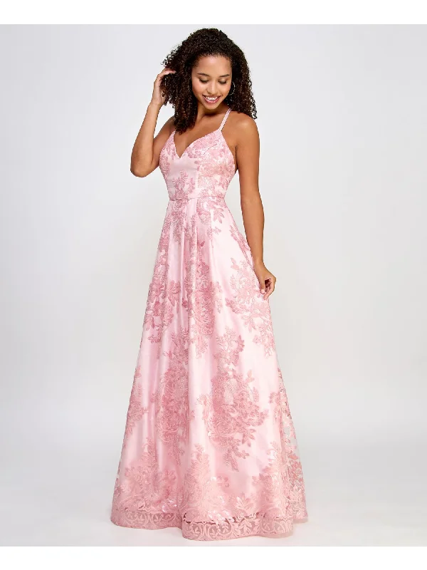Deal of the Week BCX DRESS Womens Pink Zippered Pleated Crisscross Back Padded Lined Spaghetti Strap Sweetheart Neckline Full-Length Prom Fit + Flare Dress
