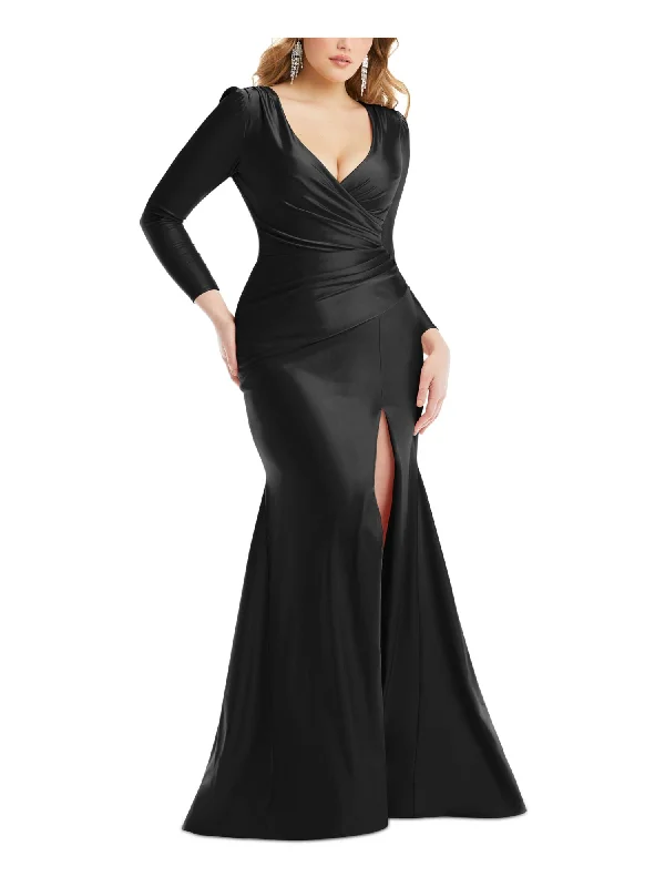 Mega Sale CYNTHIA & SAHAR Womens Black Zippered Pleated Ruched Thigh High Slit Long Sleeve Surplice Neckline Full-Length Formal Gown Dress Mega Sale CYNTHIA & SAHAR Womens Black Zippered Pleated Ruched Thigh High Slit Long Sleeve Surplice Neckline Full-Length Formal Gown Dress