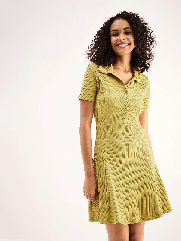 Clearance Items Women Khaki Rib Polo Neck Short Sleeves  Skater Dress