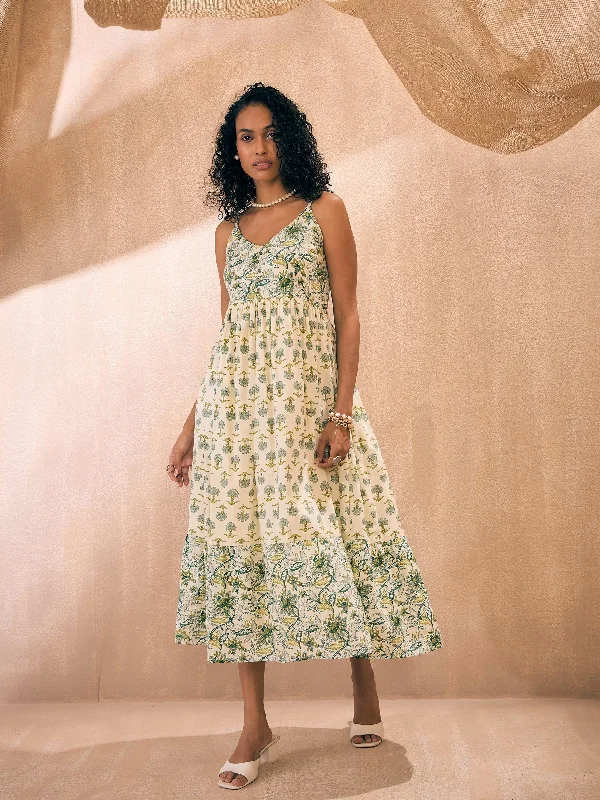 Major Savings Women Green Ethnic Motif Floral Strappy Maxi