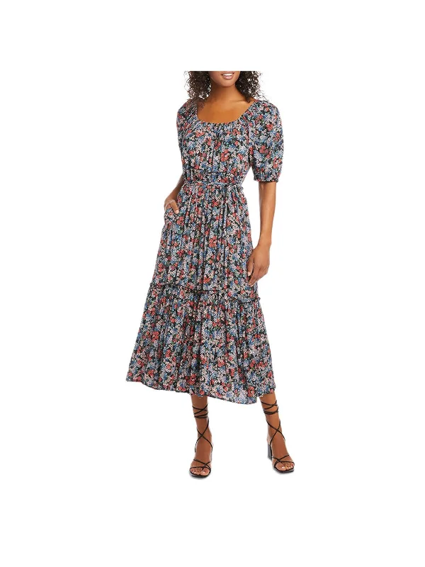Savings Alert KAREN KANE Womens Black Ruffled Pocketed Self-tie Belt Tiered Floral Pouf Sleeve Scoop Neck Midi Wear To Work Fit + Flare Dress