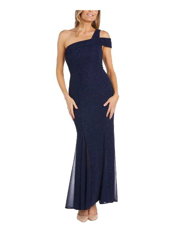 While Supplies Last NIGHTWAY Womens Navy Zippered Cold Shoulder Sheer Godet Insets Short Sleeve Asymmetrical Neckline Full-Length Formal Gown Dress