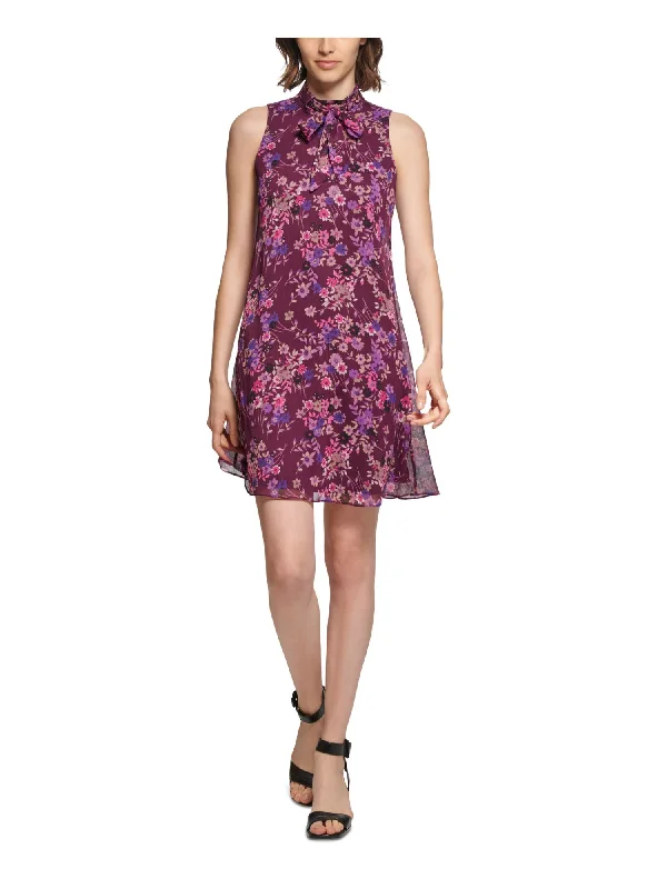 Fantastic Deals CALVIN KLEIN Womens Purple Tie Zippered Lined Floral Sleeveless Mock Neck Short Party Shift Dress Fantastic Deals CALVIN KLEIN Womens Purple Tie Zippered Lined Floral Sleeveless Mock Neck Short Party Shift Dress