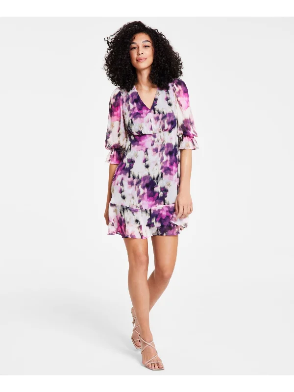 Can't Miss DKNY Womens Pink Zippered Lined Ruffled Cuffs Flounce Hem Printed Balloon Sleeve V Neck Above The Knee Party Fit + Flare Dress Can't Miss DKNY Womens Pink Zippered Lined Ruffled Cuffs Flounce Hem Printed Balloon Sleeve V Neck Above The Knee Party Fit + Flare Dress