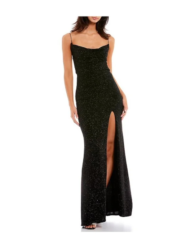 Price Drop B DARLIN Womens Black Lined Open Back Crisscross Straps High-slit Spaghetti Strap Cowl Neck Full-Length Evening Sheath Dress Price Drop B DARLIN Womens Black Lined Open Back Crisscross Straps High-slit Spaghetti Strap Cowl Neck Full-Length Evening Sheath Dress