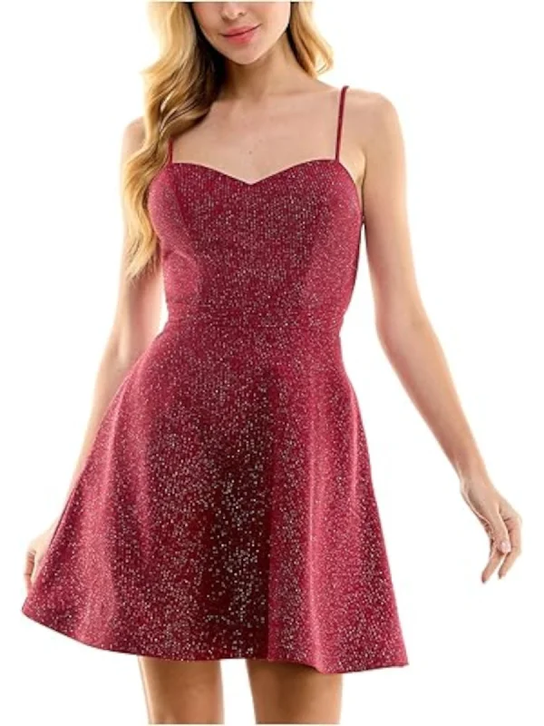 Act Fast CITY STUDIO Womens Burgundy Metallic Zippered Pocketed Open Back Adjustable Pinstripe Spaghetti Strap Sweetheart Neckline Short Party Fit + Flare Dress Act Fast CITY STUDIO Womens Burgundy Metallic Zippered Pocketed Open Back Adjustable Pinstripe Spaghetti Strap Sweetheart Neckline Short Party Fit + Flare Dress