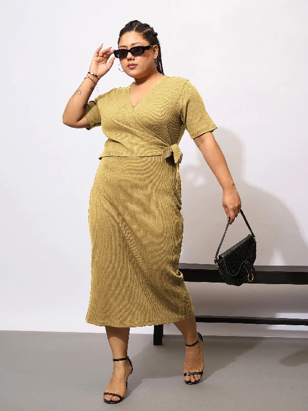 Epic Deals Women Khaki Rib Side Knot Bodycon Midi Dress
