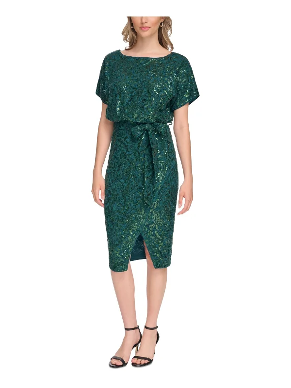 Huge Discounts KENSIE DRESSES Womens Green Zippered Slitted Tie Belt Lined Short Sleeve Round Neck Below The Knee Wear To Work Blouson Dress Huge Discounts KENSIE DRESSES Womens Green Zippered Slitted Tie Belt Lined Short Sleeve Round Neck Below The Knee Wear To Work Blouson Dress