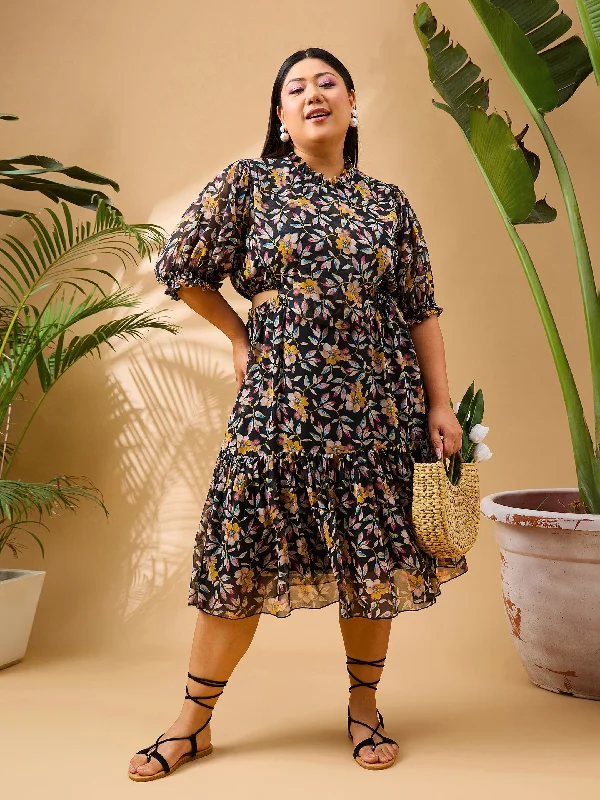 One-DAY Sale Women Black Floral Waist Cut Out Dress
