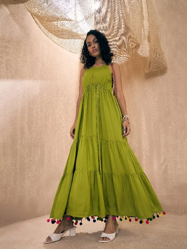 Value Deals Women Green Rayon Embroidered Pom-Pom Tiered Maxi