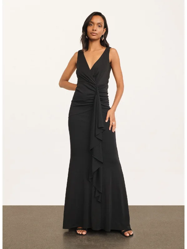 Stock Clearance DONNA KARAN NEW YORK Womens Black Zippered Ruched Cascading Ruffle Lined Sleeveless Surplice Neckline Full-Length Evening Gown Dress