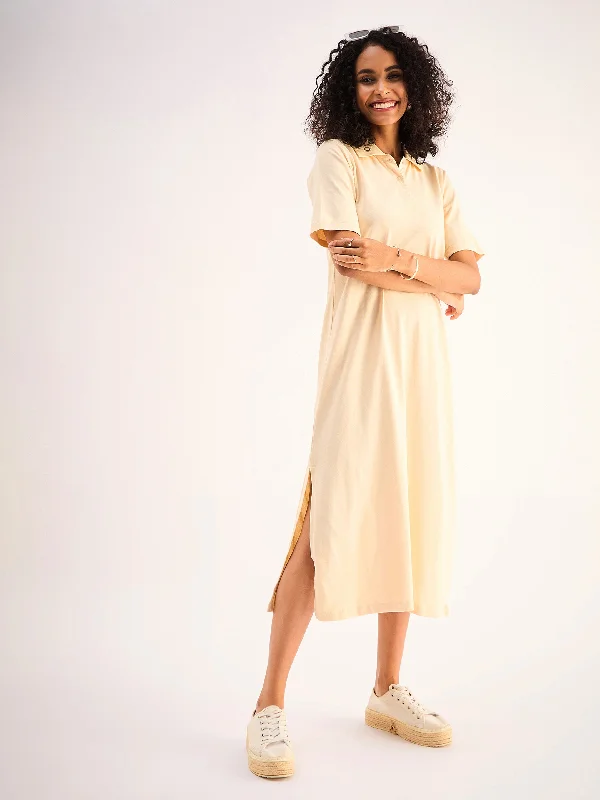 Flash Deals Women Beige Oversized Collar T-Shirt Dress