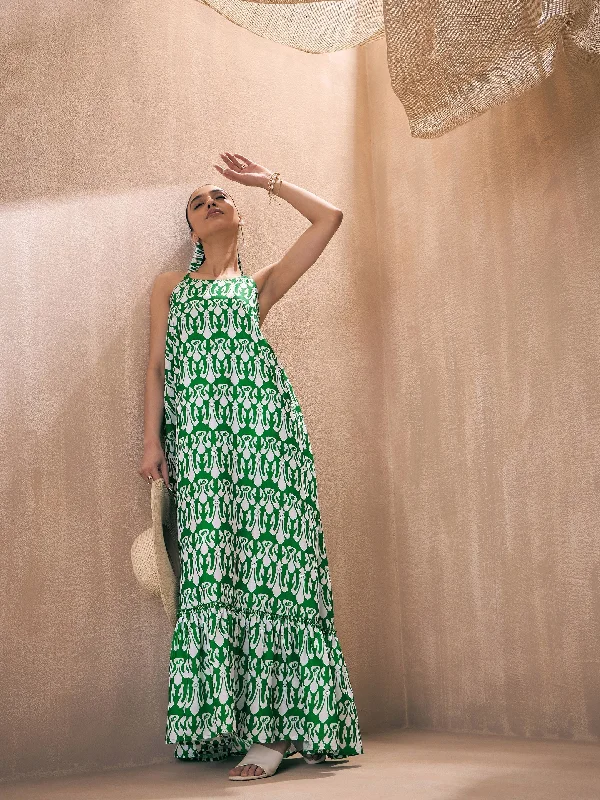 Extra Savings Women Green & White Ikat Halter Neck Loose Tiered Maxi