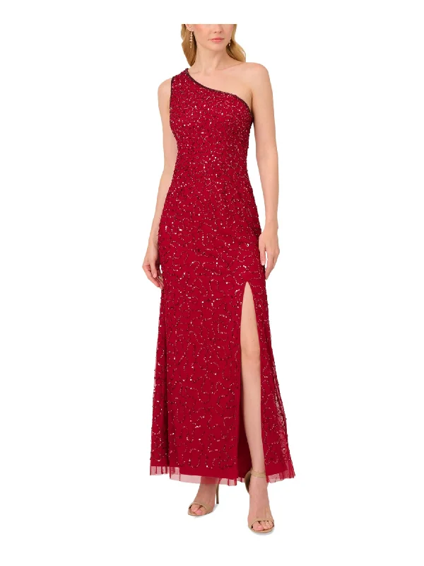Special Savings PAPELL STUDIO Womens Red Mesh Zippered Lined High Slit Sleeveless Asymmetrical Neckline Full-Length Evening Gown Dress