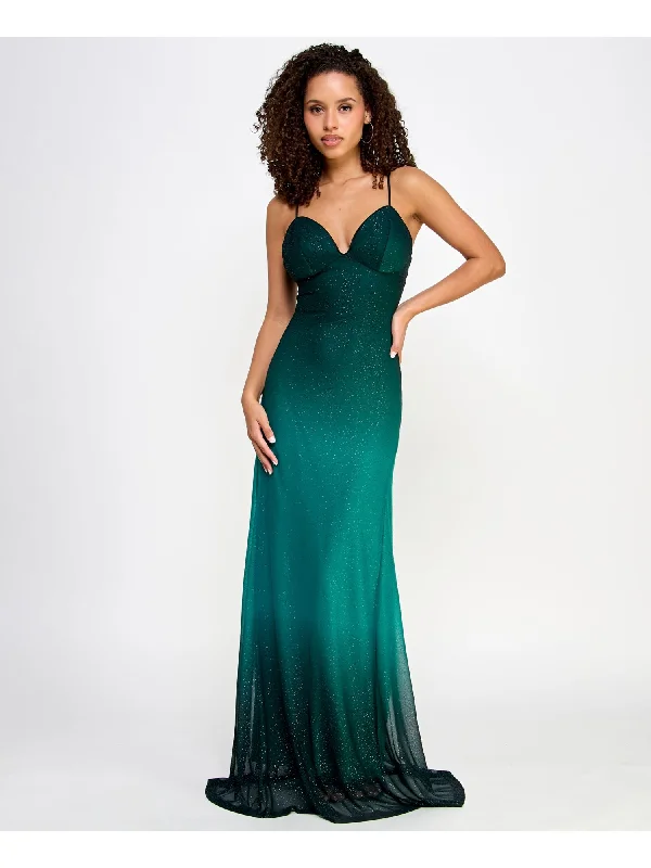 Bargain Bin VIOLET WEEKEND Womens Green Zippered Lined Lace-up Open Back Ombre Spaghetti Strap V Neck Full-Length Prom Gown Dress