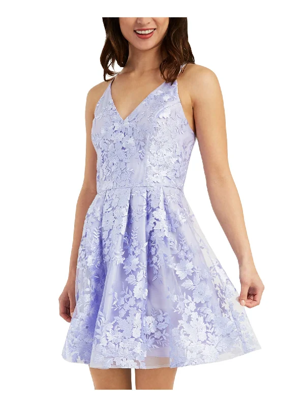 Today's Special BCX DRESS Womens Purple Zippered Pleated Embroidered Crisscross Lined Floral Spaghetti Strap V Neck Above The Knee Party Fit + Flare Dress Today's Special BCX DRESS Womens Purple Zippered Pleated Embroidered Crisscross Lined Floral Spaghetti Strap V Neck Above The Knee Party Fit + Flare Dress