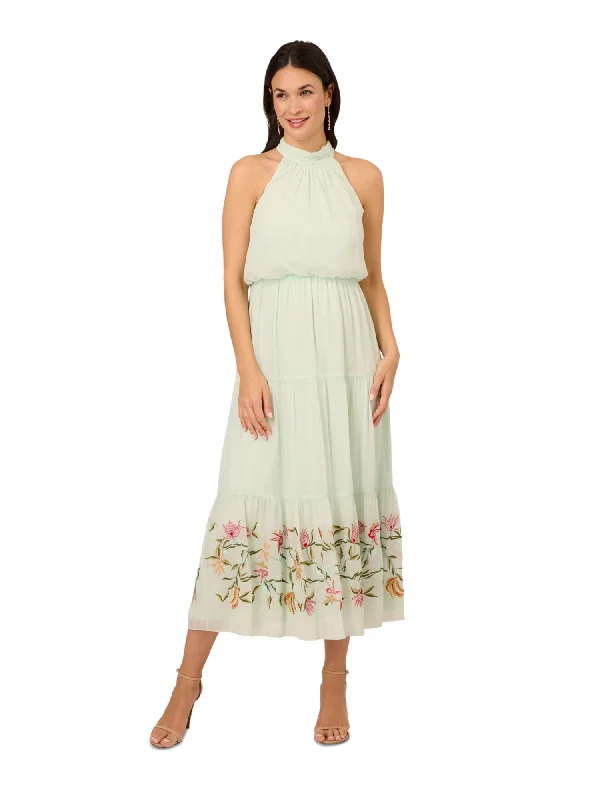 Lowest Price ADRIANNA PAPELL Womens Green Embellished Pleated Tiered Skirt Pullover Sleeveless Halter Midi Party Blouson Dress Lowest Price ADRIANNA PAPELL Womens Green Embellished Pleated Tiered Skirt Pullover Sleeveless Halter Midi Party Blouson Dress