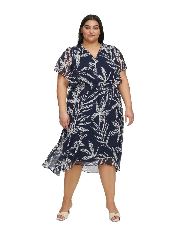 Buy Now DKNY Womens Navy Lined Smocked Waist Flutter Sleeve V Neck Midi Wear To Work Hi-Lo Dress Buy Now DKNY Womens Navy Lined Smocked Waist Flutter Sleeve V Neck Midi Wear To Work Hi-Lo Dress