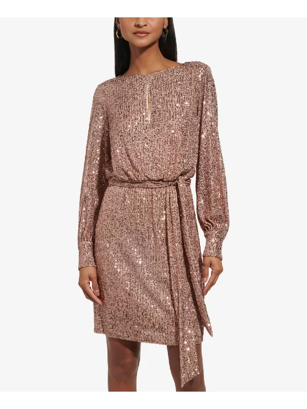 Deep Discounts ELIZA J Womens Beige Zippered Lined Keyhole Front Tie-belt Cuffed Sleeve Boat Neck Above The Knee Party Blouson Dress Deep Discounts ELIZA J Womens Beige Zippered Lined Keyhole Front Tie-belt Cuffed Sleeve Boat Neck Above The Knee Party Blouson Dress