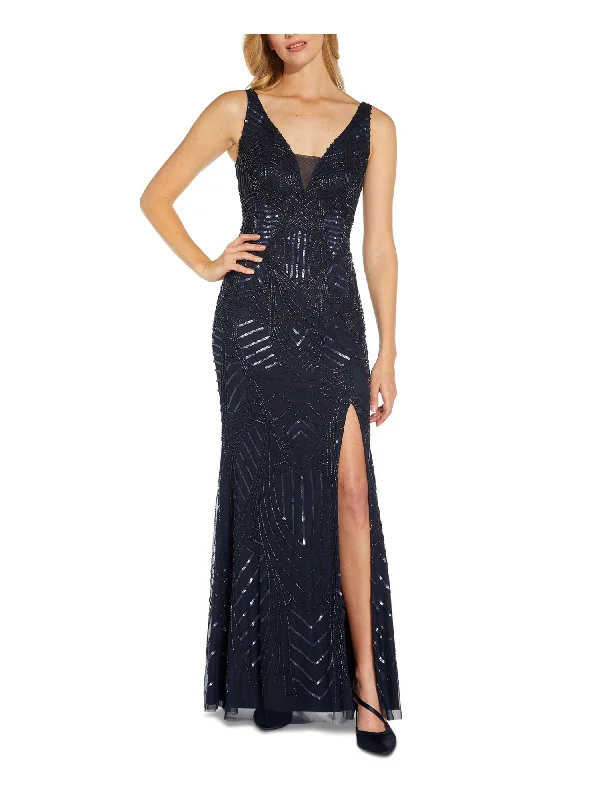 Big Discounts ADRIANNA PAPELL Womens Navy Beaded Zippered Thigh High Slit Lined Sleeveless V Neck Full-Length Formal Gown Dress Big Discounts ADRIANNA PAPELL Womens Navy Beaded Zippered Thigh High Slit Lined Sleeveless V Neck Full-Length Formal Gown Dress