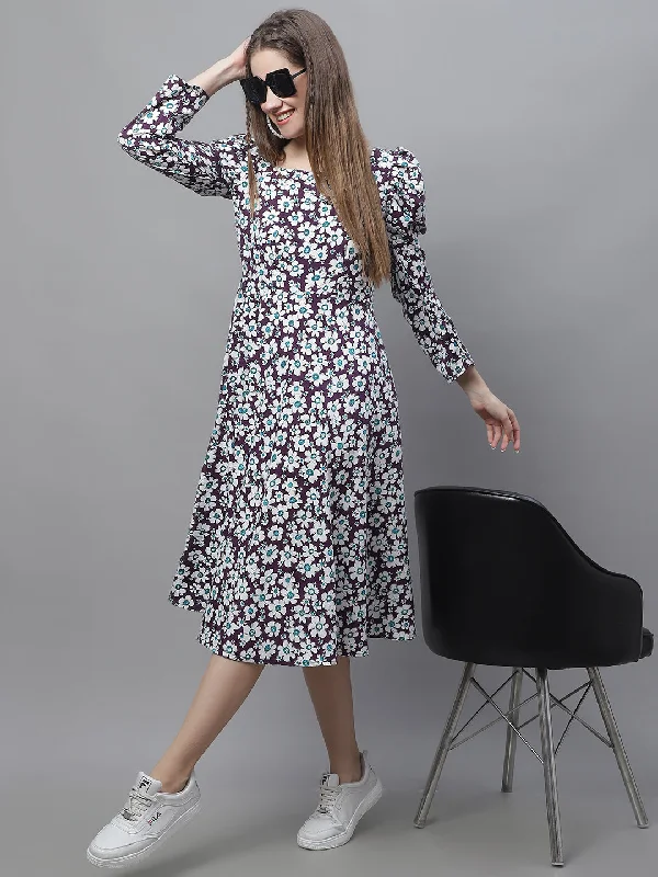 Sale Event Women's Floral Print Square Neck Puff Sleeved Flaired Dress
