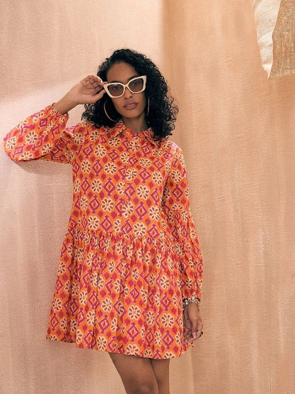 Fantastic Deals Women Orange Ikat Print Front Button Shirt Tiered Dress