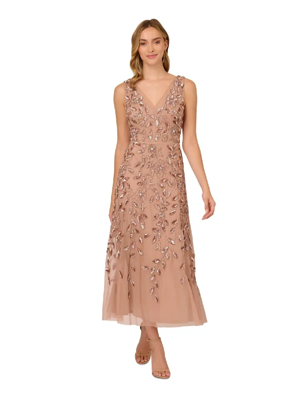 Limited Time ADRIANNA PAPELL Womens Pink Embellished Zippered Lined Sleeveless V Neck Midi Formal Fit + Flare Dress Limited Time ADRIANNA PAPELL Womens Pink Embellished Zippered Lined Sleeveless V Neck Midi Formal Fit + Flare Dress