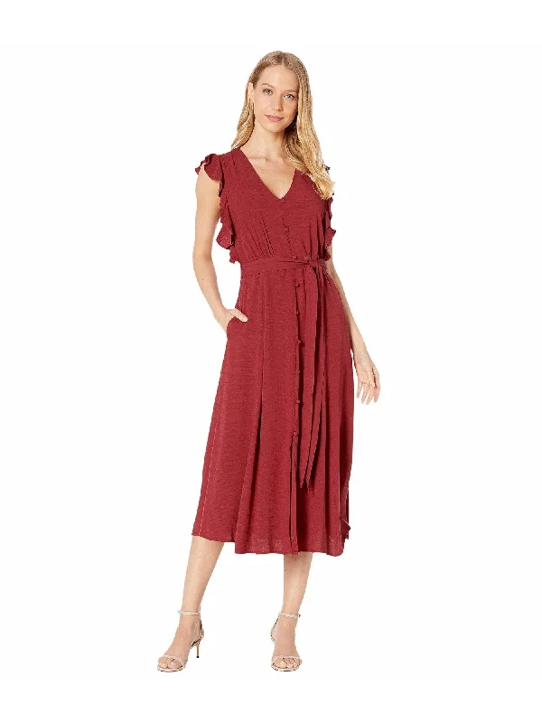 Price Drop Alert 1. STATE Womens Maroon Ruffled Short Sleeve V Neck Midi Fit + Flare Dress