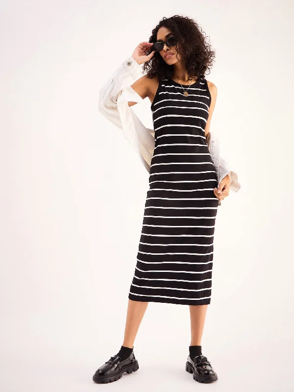 Don't Miss Women Black White Stripe Midi Dress