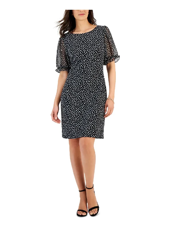 New Markdowns CONNECTED APPAREL Womens Black Polka Dot Pouf Sleeve Round Neck Above The Knee Wear To Work Sheath Dress