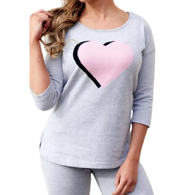 Extra Savings 3/4 Sleeve Heart Crew Top In Gray