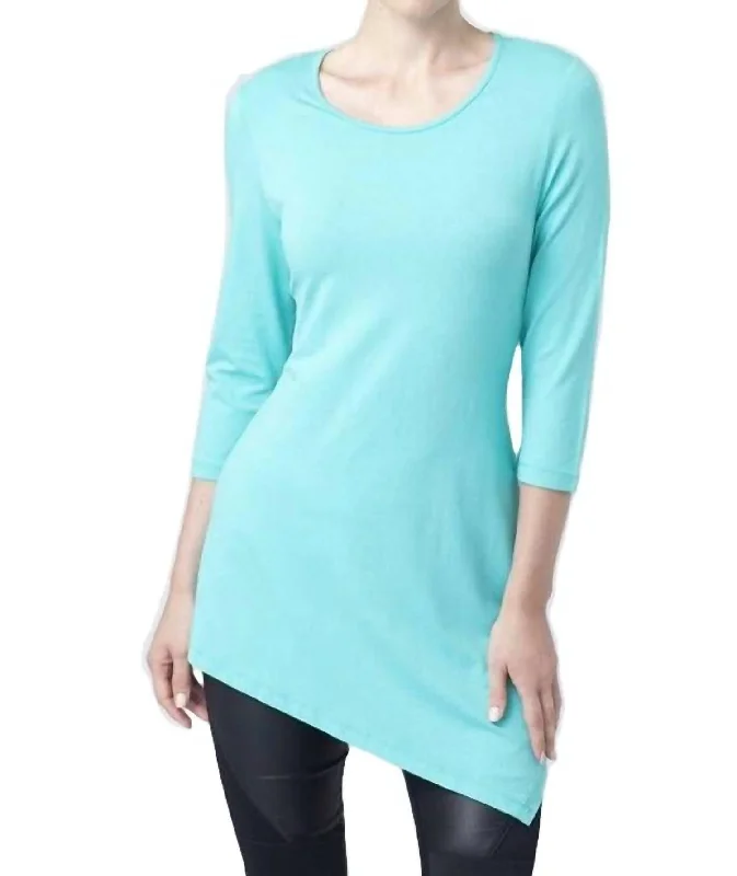 Midnight Madness Asymmetrical 3/4 Sleeve Tunic Top In Turquoise