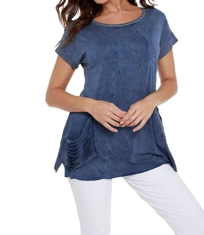 Markdown Madness Beaded Short Sleeve Tunic In Denim