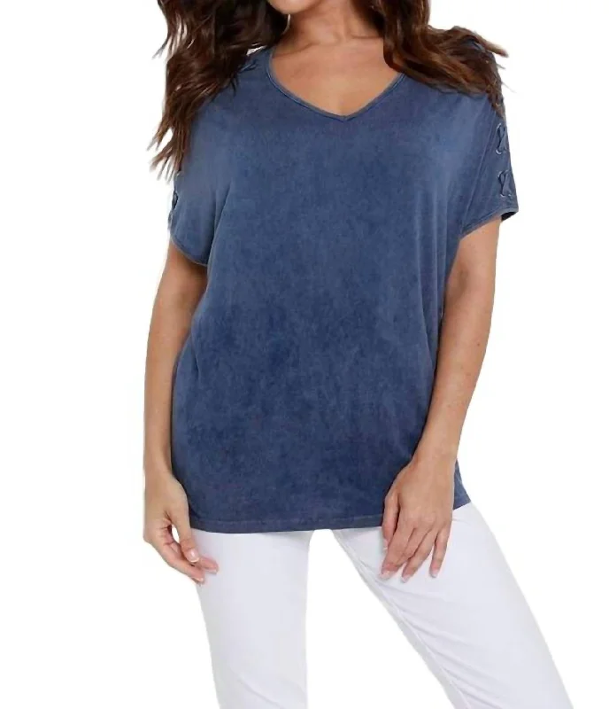 Deal Mania Braided Short Sleeve Tunic In Denim