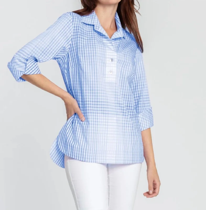 Big Savings Charlotte 3/4 Sleeve Ombre Gingham Tunic In Sky Blue/white