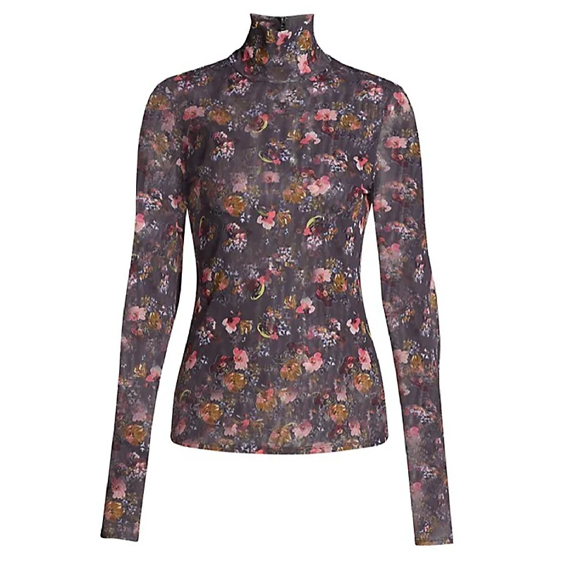 Best Seller Cinq A Sept Women Floral Print Mini Bouquet Shirred Turtleneck Mesh Top Multi in Floral/Multi