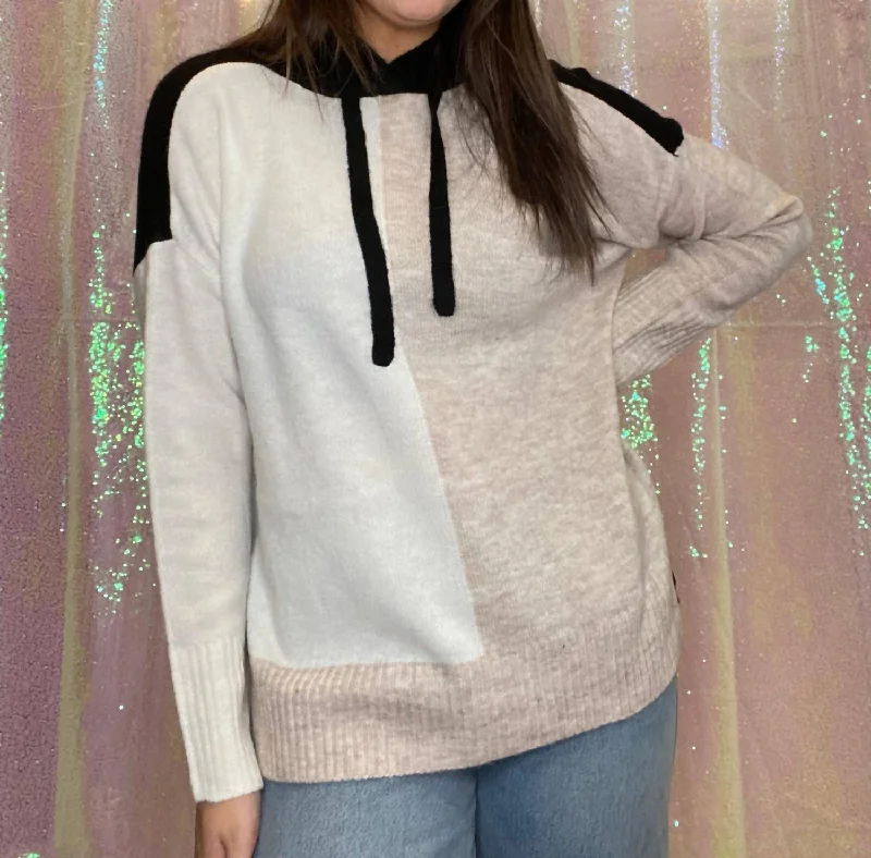 Referral Discount Color Block Hooded Sweater in Cream/Black
