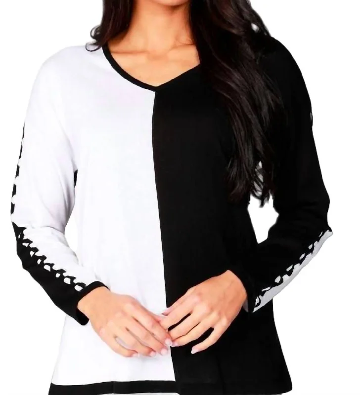 Can't Miss Color Block V-Neck With Detail Sleeve In Black/white