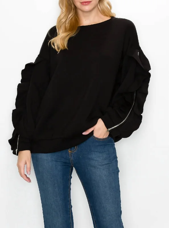 The Best Prices Ferra French Scuba Top With Ruffled Zipper Sleeves In Black