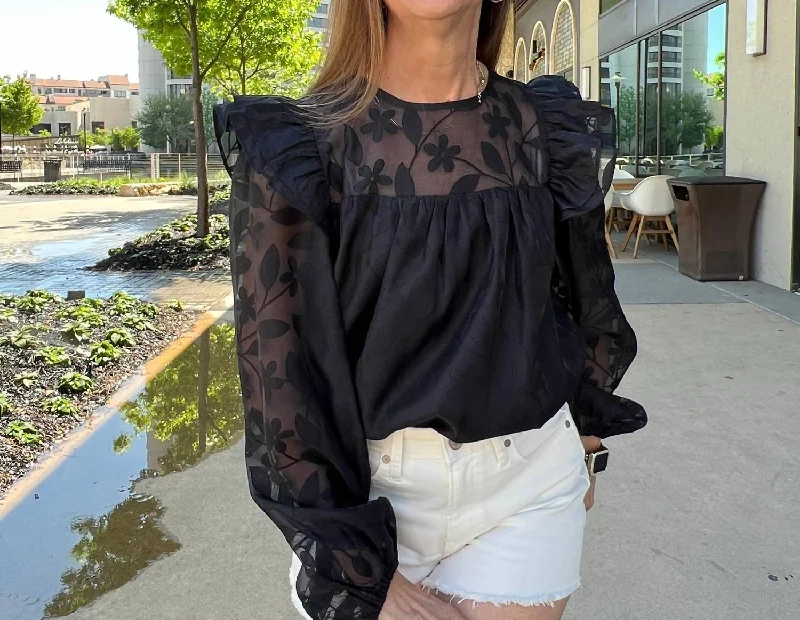 Now or Never Floral Sheer-Sleeve Blouse In Black