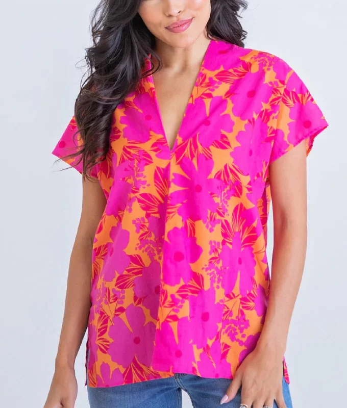 The Best Prices Floral Tropical V-Neck Top In Pink/orange