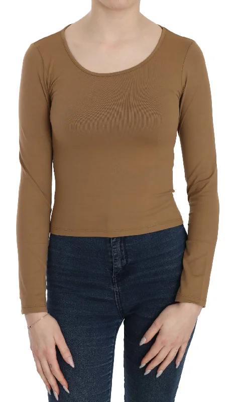 Hurry In GF Ferre  Long Round Neck Sleeve Fitted Shirt Tops Women's Blouse