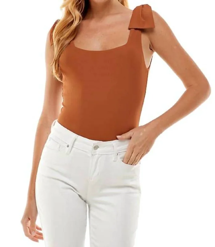 Price Drop Haley Bow Shoulder Bodysuit In Camel