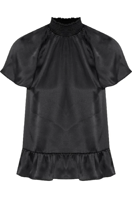 Members Only Harbor High Smocked Neckline Ruffled Silk Blouse in Black
